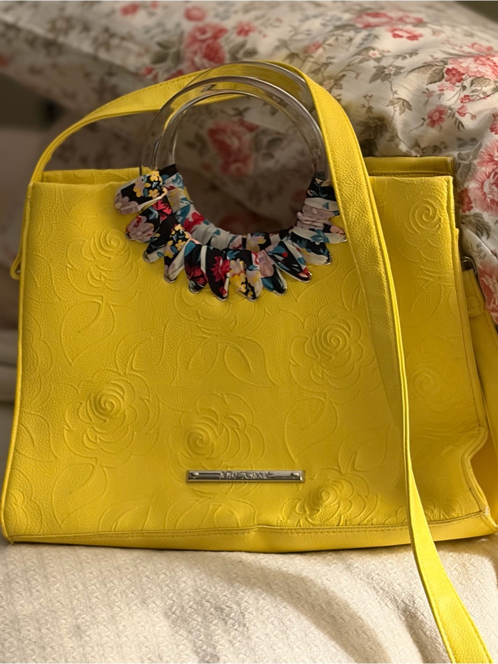 Betsy Johnson Bright Yellow Floral-Embossed Tote with Clear Handles